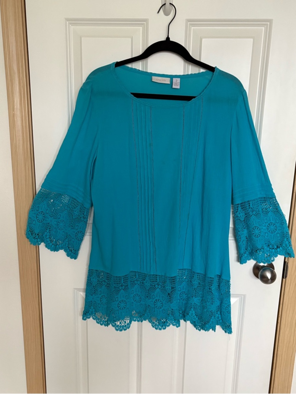 Chico's Teal Lace-Trim Tunic Top